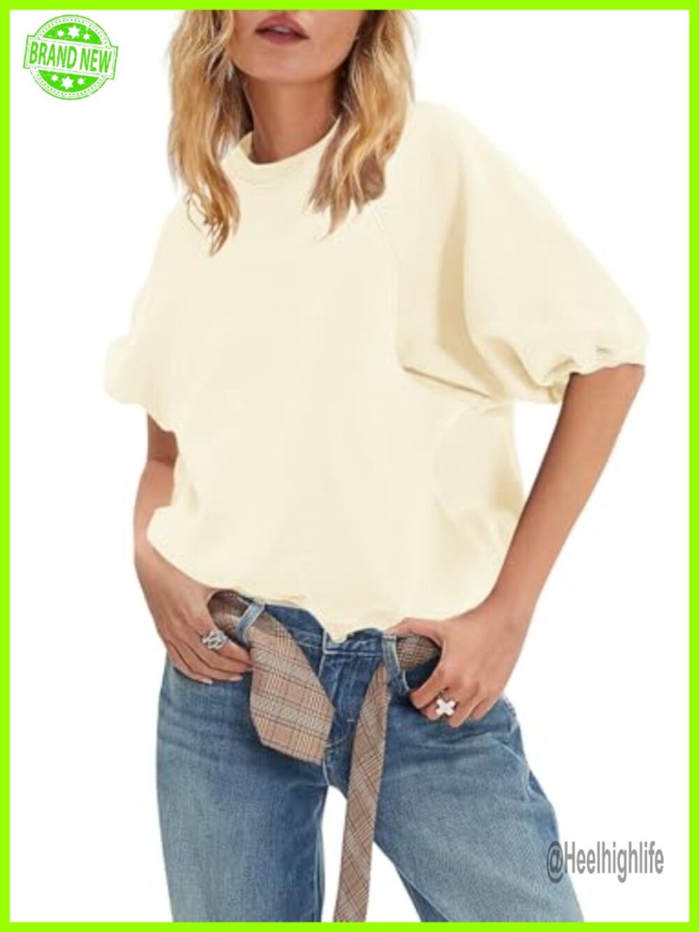 Oversized Short Sleeve Sweatshirt Puff Sleeve Crewneck Top